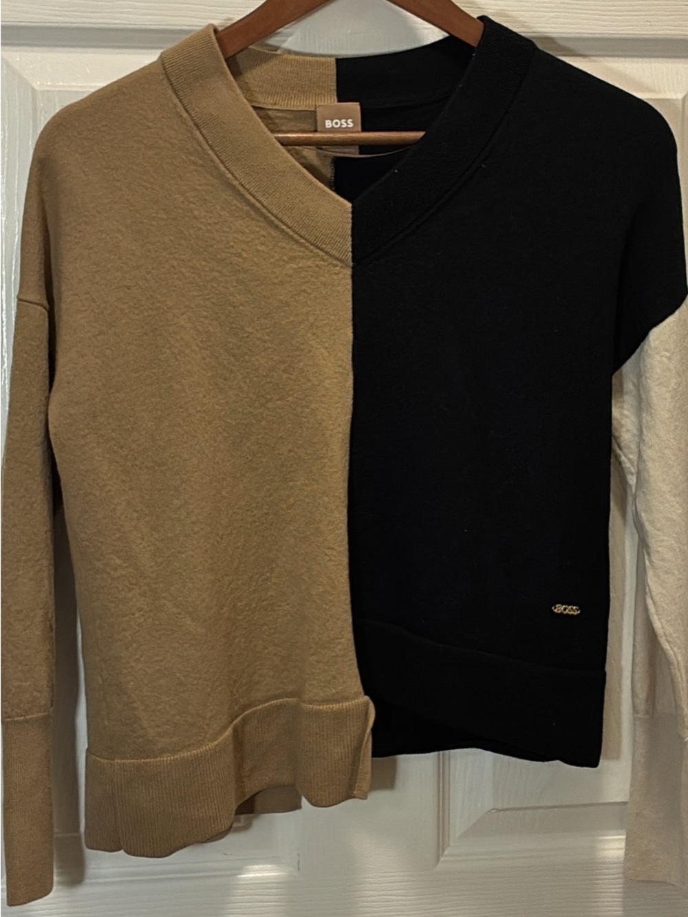 BOSS Two-Tone Crewneck Sweater in Black and Tan